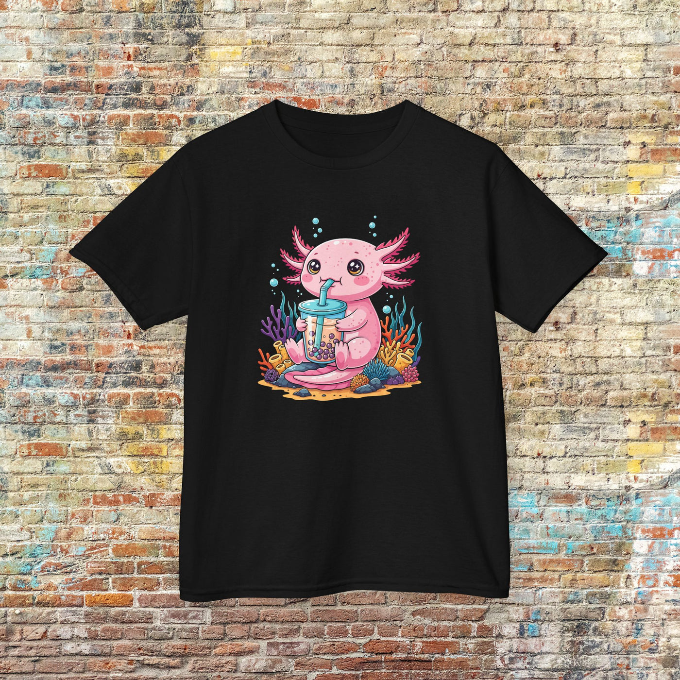 Pink Axolotl Drinking Boba Kids Tee