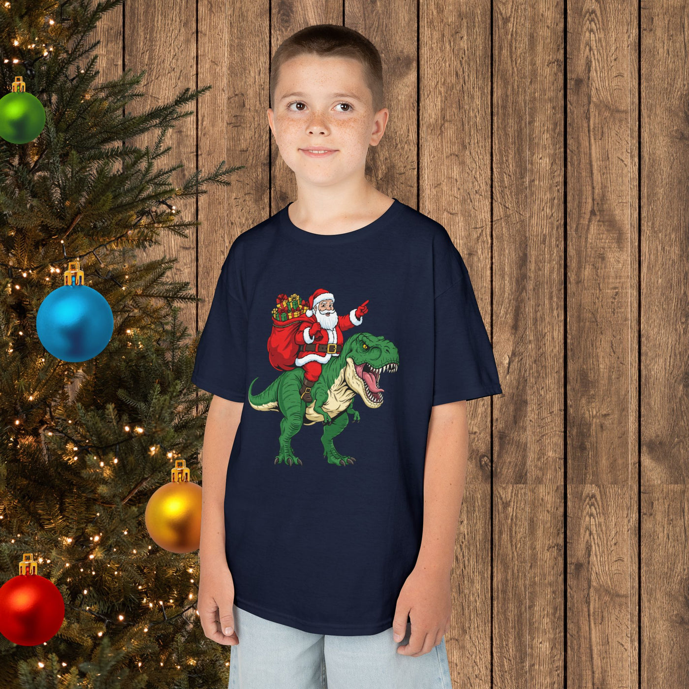 Santa Riding a T‑Rex Christmas Youth Tee