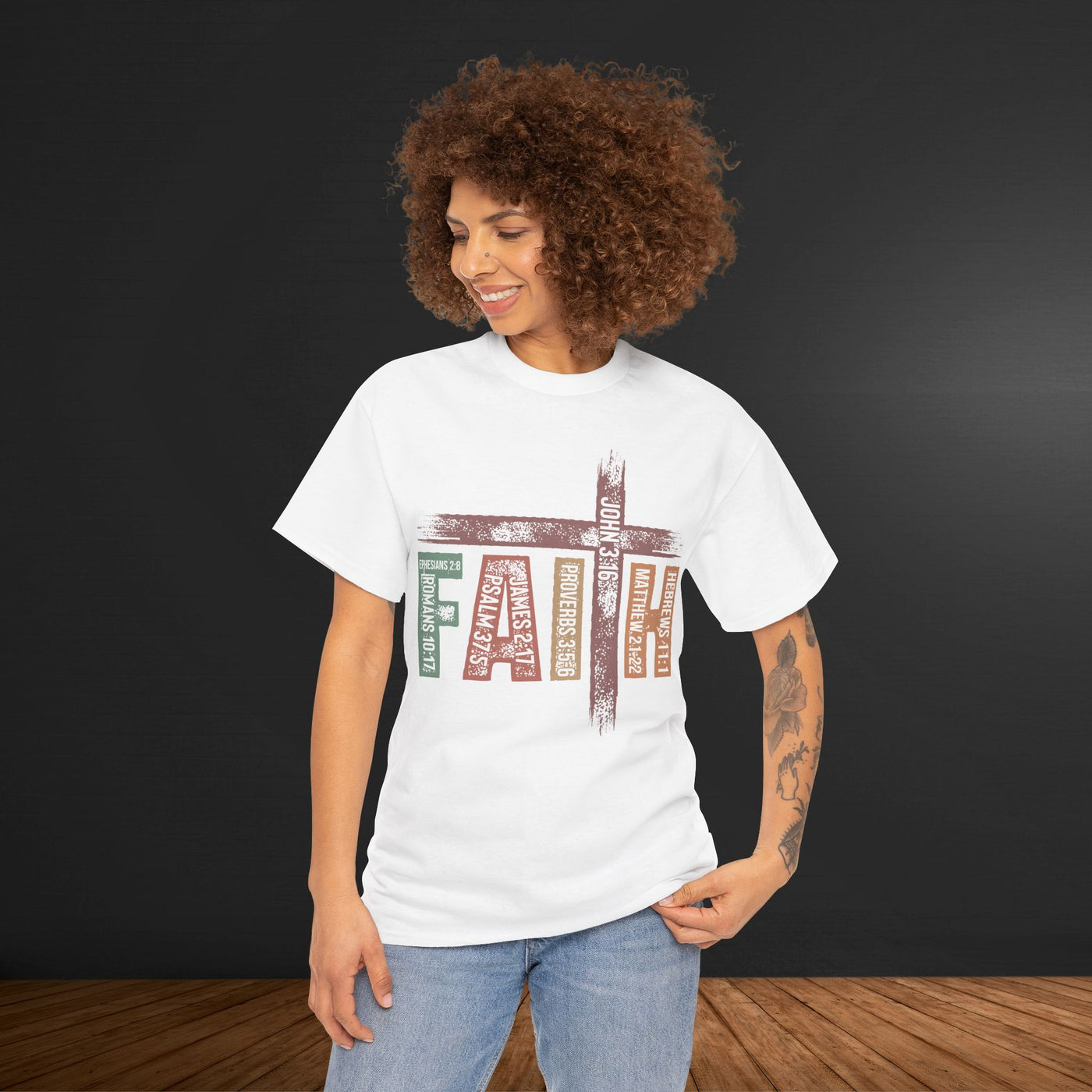 Faith Cross Graphic Tee — Inspirational Christian Word Art Shirt