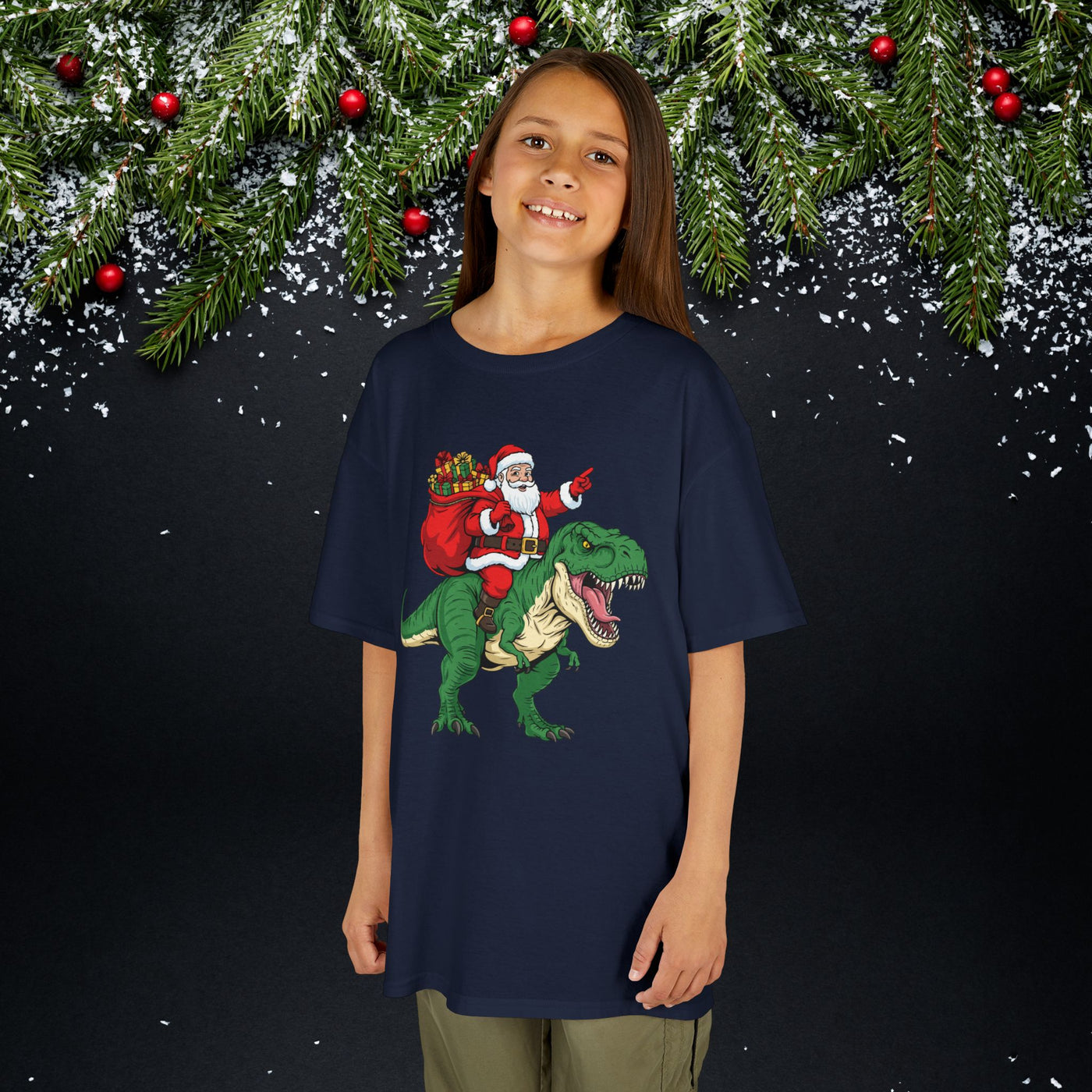 Santa Riding a T‑Rex Christmas Youth Tee