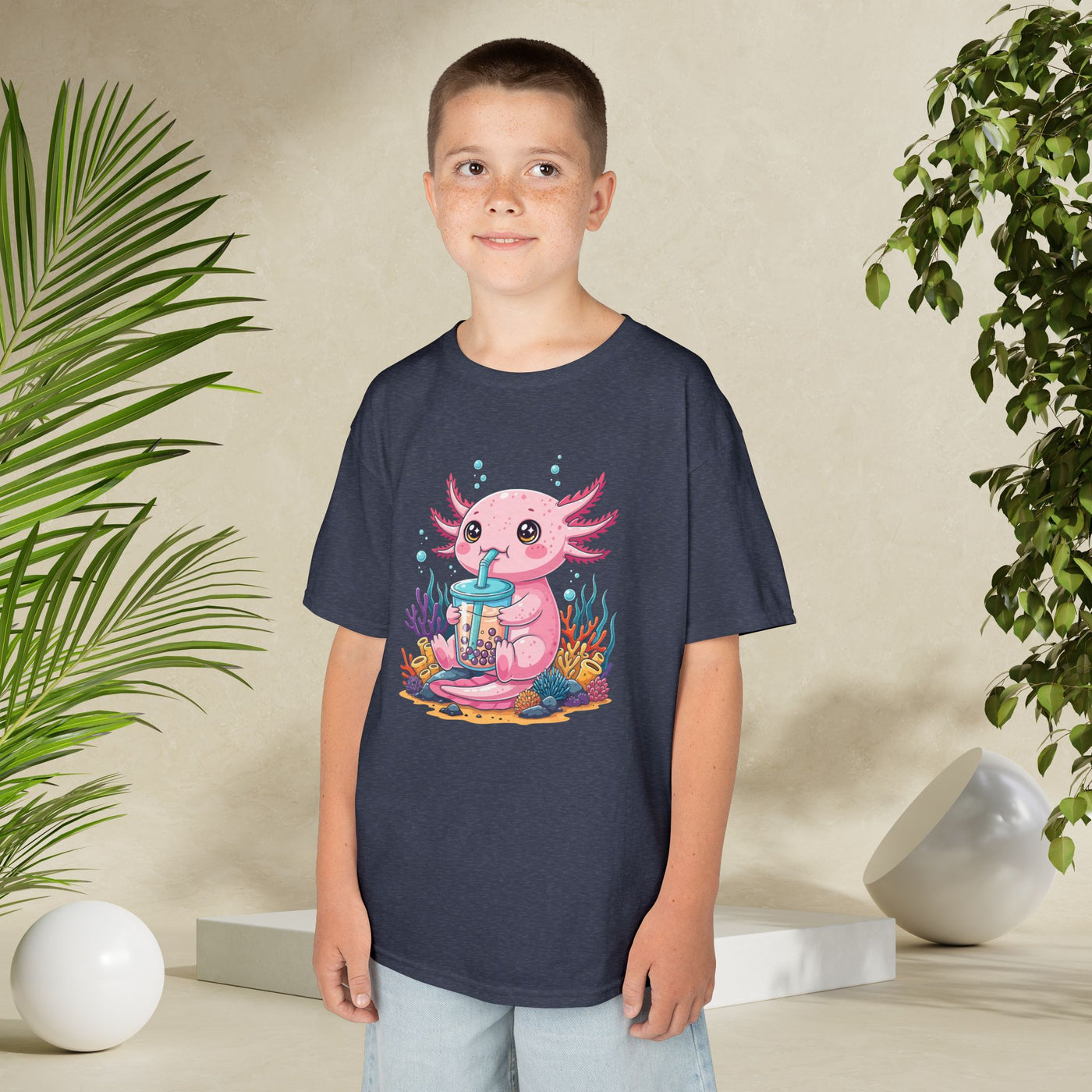 Pink Axolotl Drinking Boba Kids Tee