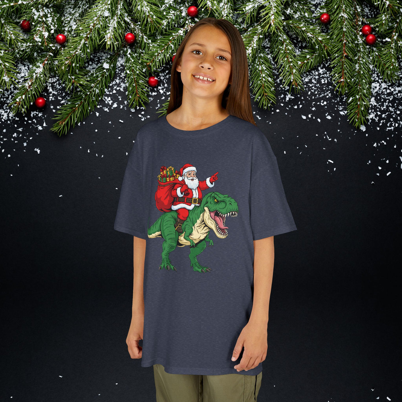 Santa Riding a T‑Rex Christmas Youth Tee