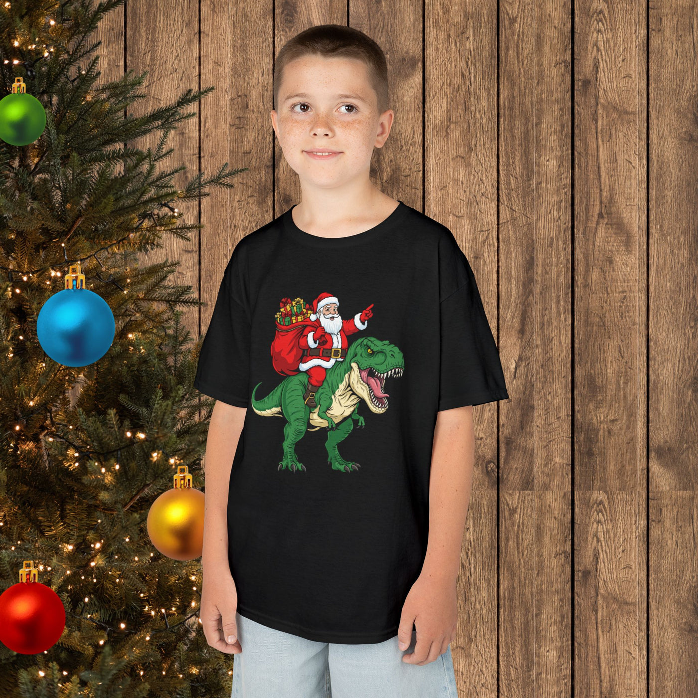 Santa Riding a T‑Rex Christmas Youth Tee