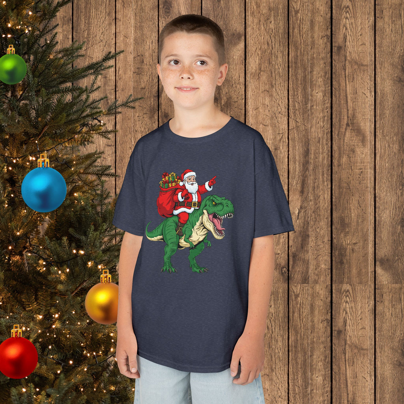 Santa Riding a T‑Rex Christmas Youth Tee