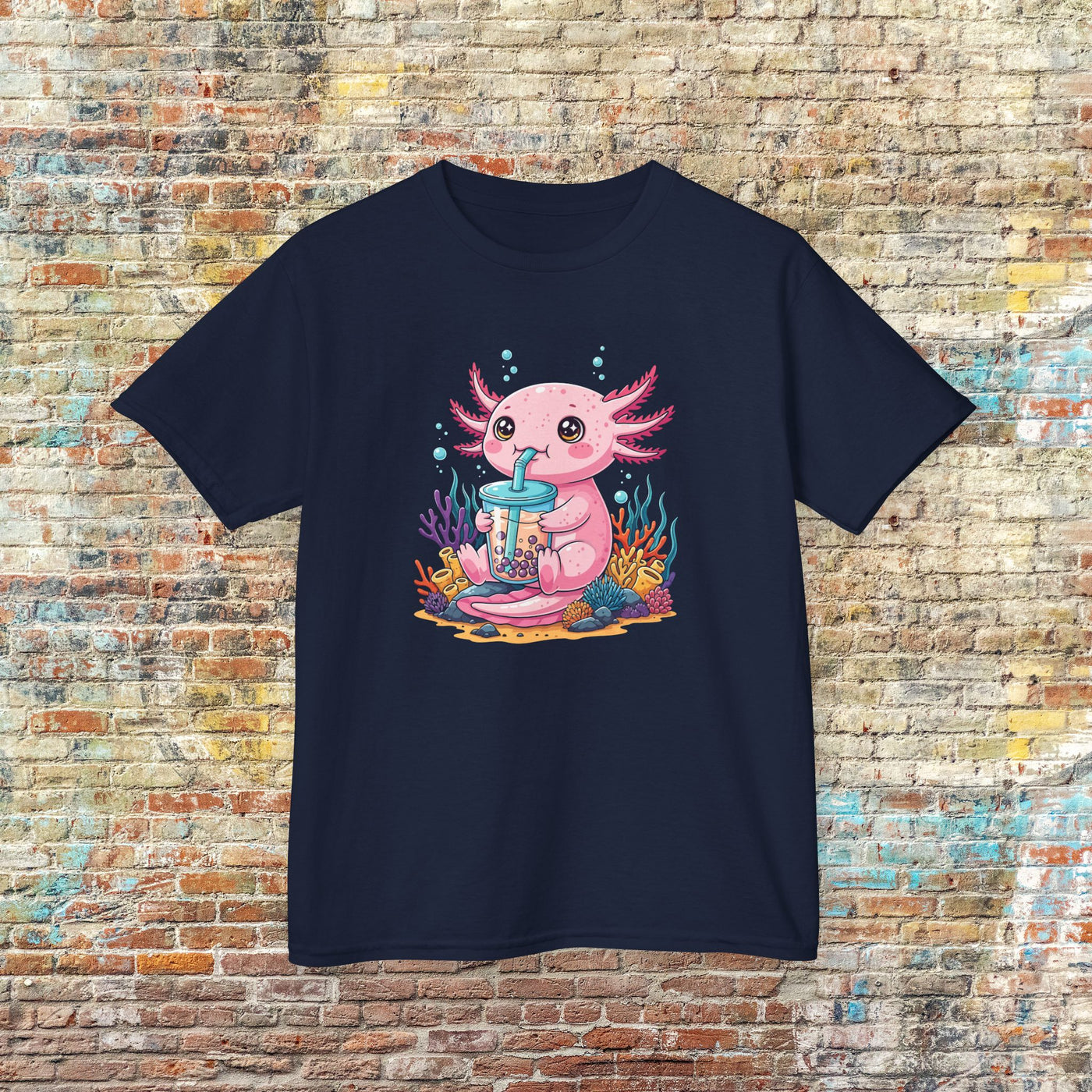 Pink Axolotl Drinking Boba Kids Tee