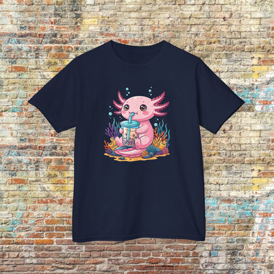 Pink Axolotl Drinking Boba Kids Tee