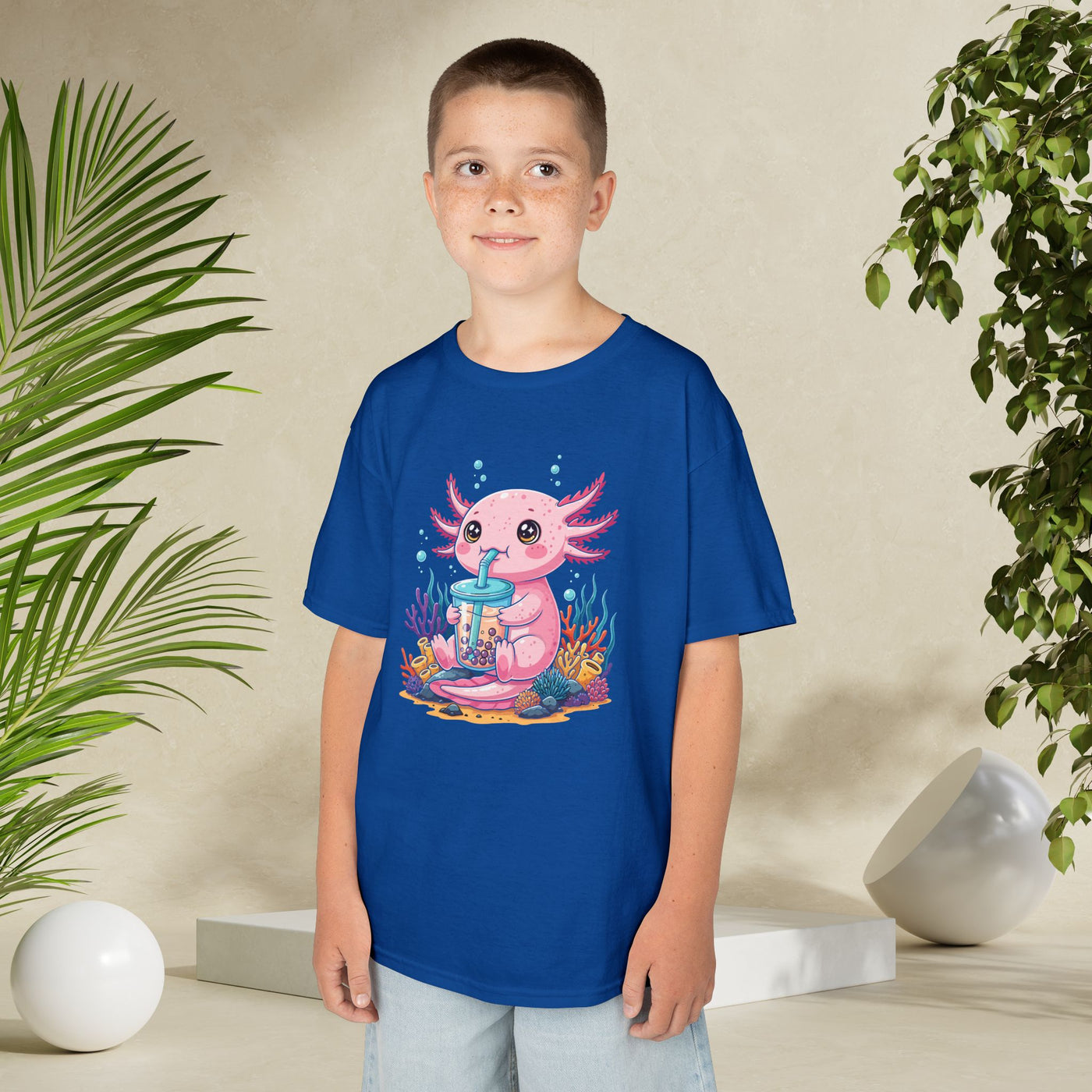 Pink Axolotl Drinking Boba Kids Tee
