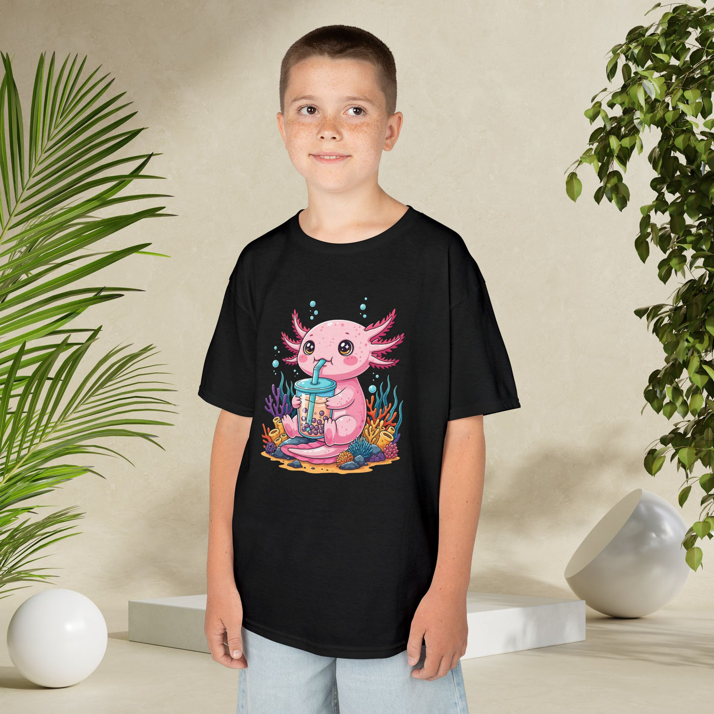 Pink Axolotl Drinking Boba Kids Tee